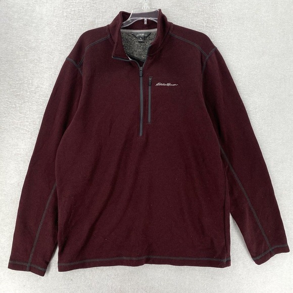 Eddie Bauer Sweater Mens LG TALL Burgandy Fleece Pullover 1/4 Zip Outdoor Casual - Picture 1 of 14